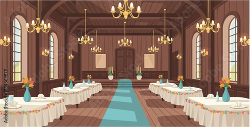 An elegant room with set tables awaits a grand event