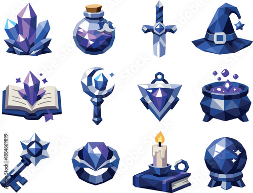 Fantasy Low-Poly Icons. Fantasy magic elements illustrated through a cohesive low-poly vector icon set featuring glowing crystals,