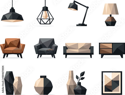 Low-Poly Interior Icons. Interior Design Low-Poly Vector Icon Set, loft lamps, armchairs, vases, modern interior decor symbols.