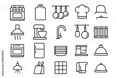 Professional Kitchen Icons. Line style icons of Professional Kitchen: stove, cutting board, pot hanger, chef hat, ventilation hood
