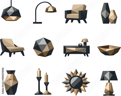 Low-Poly Interior Icon Set. Stylish interior elements represented through a low-poly vector icon set showing designer lamps,