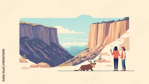 Two women explore a vast canyon with a deer nearby