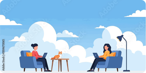 Two people work on laptops at home with a cat nearby