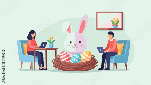 Two people work on laptops beside a large bunny in a nest with Easter eggs