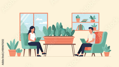 Two people working on laptops while relaxing in comfortable chairs in a room with plants