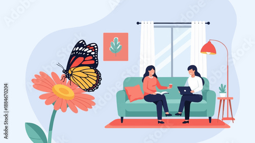 Two women relaxing indoors with a butterfly and flower outside
