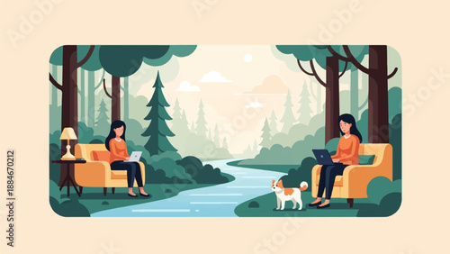 Two women working on laptops in a forest by a river with a dog