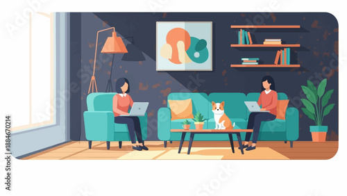 Two women and a dog working on laptops in a modern living room