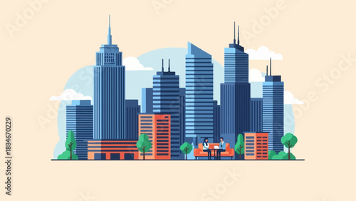 Two people work remotely from a couch in a city park with skyscrapers