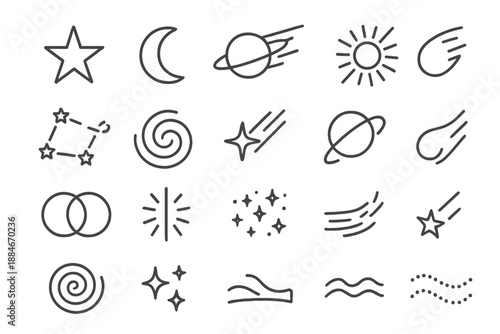 Celestial Line Icons. Line style icons of Celestial Shapes: star, moon, planet ring, comet, sun ray, constellation, nebula swirl,
