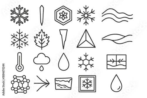 Geometric Ice Crystals. Line style icons of Geometric Ice Crystals: hexagonal snowflake, needle ice crystal, plate crystal,