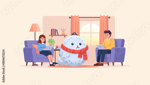 Two people work on laptops on cozy couches with a cute seal in a scarf