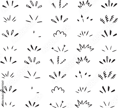 Doodle shine sunburst sparkle ray elements. Hand drawn pop surprise line frame for title headline illustration. Doodle vector illustration.