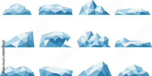 Low-Poly Snowdrift Icons. Low-poly vector icon set of snowdrifts formed by winter snowbanks in sharp geometric polygonal style