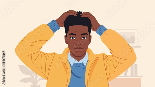 Young man in yellow jacket adjusting his hair indoors