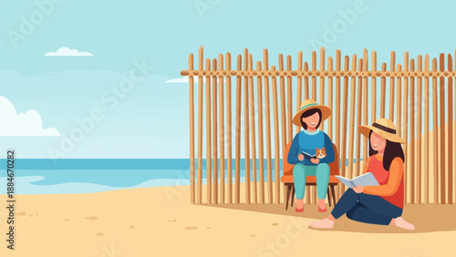 Two women and a dog relax on a sandy beach near the ocean