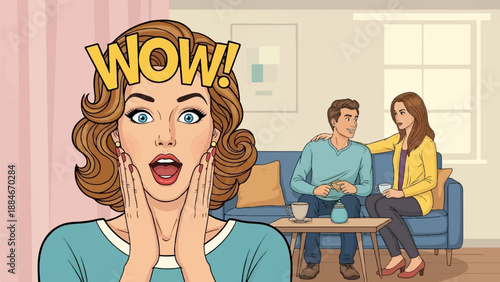 Woman with WOW expression, couple relaxing on sofa with tea