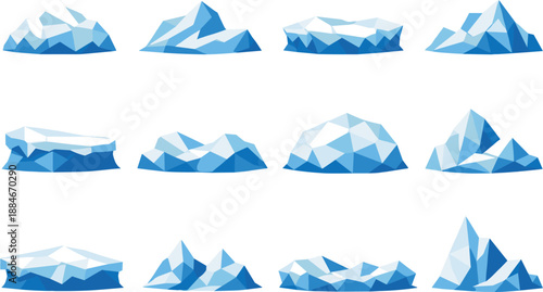 Low-Poly Snowdrift Icons. Stylized low-poly snowdrift icons designed with sharp angular polygons and faceted snowbank shapes for a