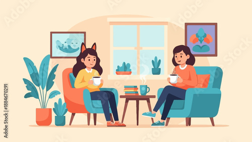 Two women enjoy warm drinks while relaxing in comfortable armchairs at home