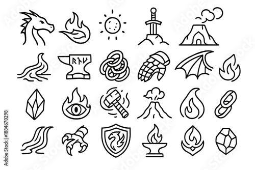 Dragon Forge Icons. Line style icons of Dragon Forge Mythology: dragon silhouette, flame breath, glowing ember, sword in stone,