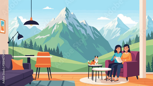 Two women and dog relax by mountain view