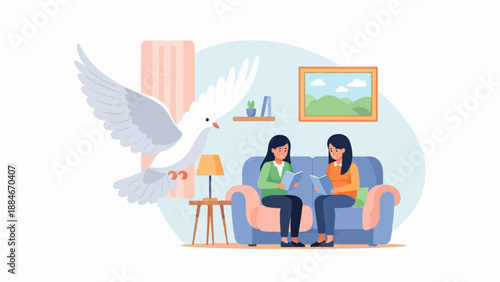 Two women read books on a sofa while a dove flies in