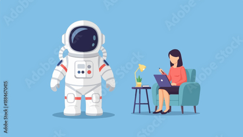 Astronaut and woman working on laptop in cozy room