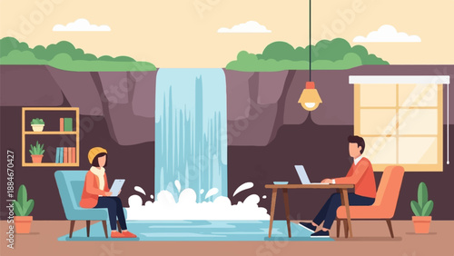 Two people working remotely near a waterfall inside a cave