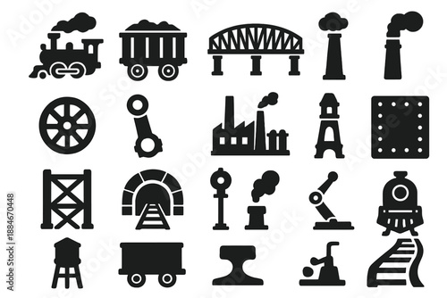Industrial Revolution Transport Icons. Solid style icons of Industrial revolution transport: steam train, coal wagon, rail bridge,