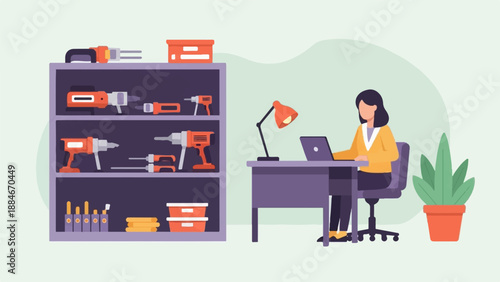 Woman works at desk beside shelves filled with tools