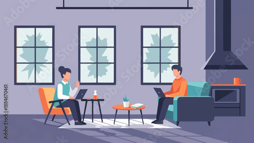 Two people work on laptops in a modern room with broken windows