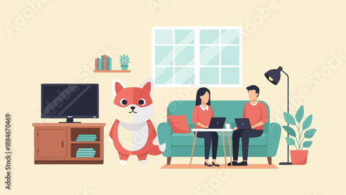Two people work on laptops on a sofa in a living room with a cartoon fox