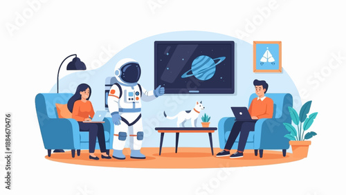 Astronaut in living room with people, dog and space on TV