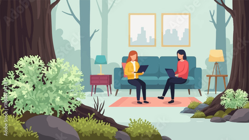 Two women working on laptops in a cozy room with a nature view