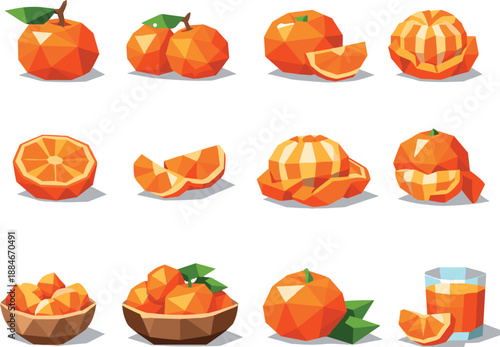 Low-Poly Mandarin Icons. Modern low-poly vector illustration set showcasing mandarins on a table through crisp triangular geometry