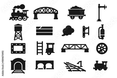 Heritage Railway Icons. Solid style icons of Heritage railway era: old locomotive, iron bridge, coal tender, signal post, water