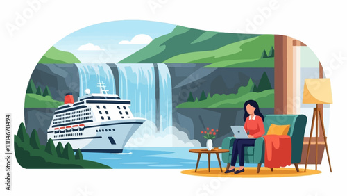 Woman relaxing in armchair with laptop, watching cruise ship near waterfall