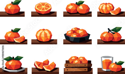Mandarin Icon Collection. Professional low-poly vector icon collection representing mandarins placed on a table using crisp