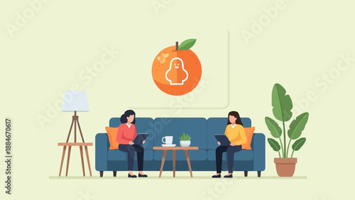 Two women sit on a couch, each with a tablet, near a table and lamp