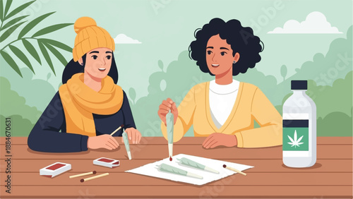 Two women making joints at a wooden table outdoors