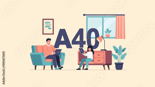 Two people work remotely on laptops in a room with large numbers