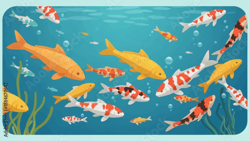 Vibrant school of koi and goldfish swimming in clear blue water