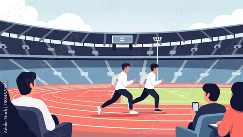 Athletes race on track in stadium with spectators watching