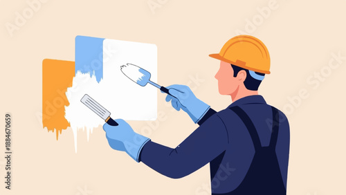 Worker painting wall with brushes, wearing hard hat and gloves