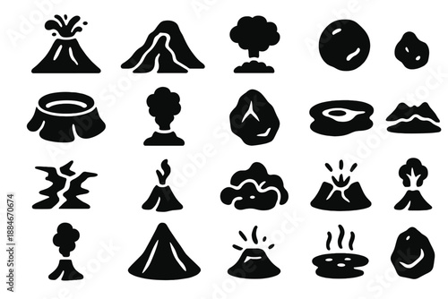 Volcanic Eruption Icons. Solid style icons of Neural Network Tech: neuron node, digital signal, data stream, brain link, pulse