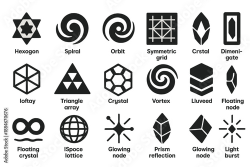 Cosmic Geometry Icons. Solid style icons of Subaquatic Environment: coral, sponge, seaweed, fish, shell, rock, anchor, jellyfish,
