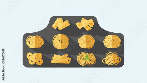Variety of pasta shapes displayed on a dark gray surface with a light blue background