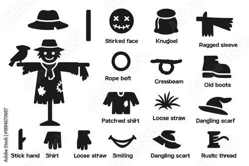 Solid Scarecrow Icons. Solid style icons of Scarecrow Design: straw hat, wooden pole, stitched face, button eyes, burlap sack,