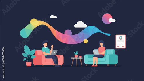 Two people working remotely on laptops in a stylized, modern living room