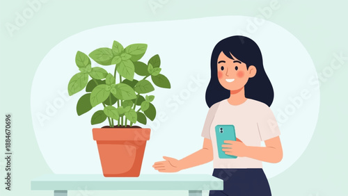 Woman holding phone near potted plant on table